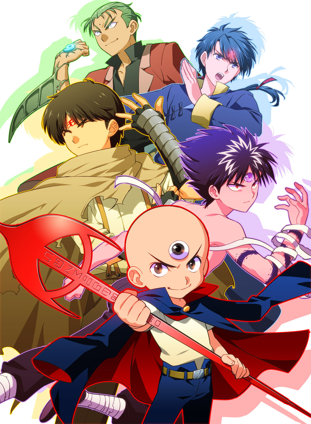 3x3_eyes, 5boys, bald, belt, black_hair, blue_hair, blue_seed, brown_eyes