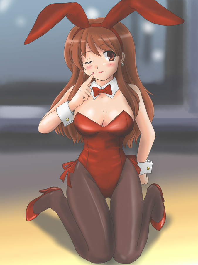 1girl, animal_ears, asahina_mikuru, asahina_mikuru_(adult), brown_eyes, brown_hair, bunnysuit, kneeling, long_hair, pantyhose, rabbit_ears, solo, suzumiya_haruhi_no_yuuutsu, ultramarine, wink