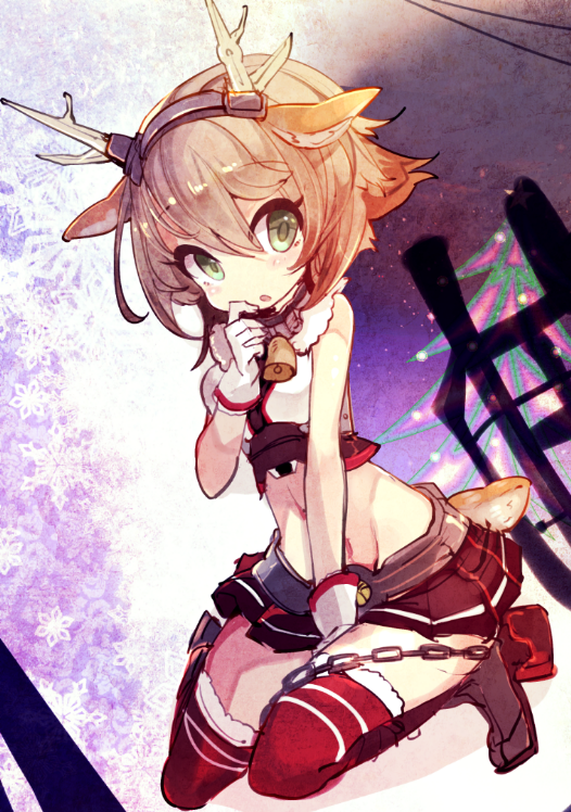 1girl, bell, brown_hair, chain, christmas_tree, gloves, green_eyes, kantai_collection