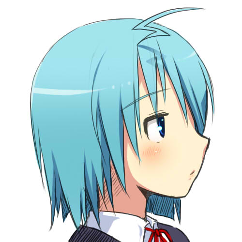1girl, ahoge, blue_eyes, blue_hair, blush, hair_over_one_eye, kusakabe_amaho, lowres