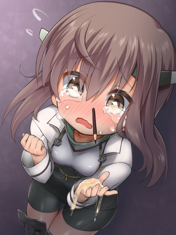 1girl, bike_shorts, blush, brown_eyes, brown_hair, headband, headgear, hobby_(kento), in_nose, kantai_collection, looking_at_viewer, open_mouth, pencil, personification, short_hair, snot, solo, taihou_(kantai_collection), tears, thigh-highs