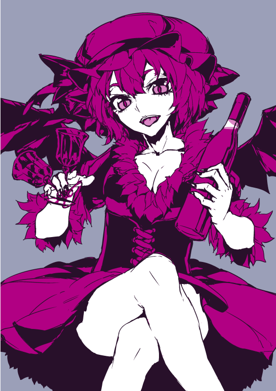 1girl, alternate_costume, bat_wings, blue_background, bow, breasts, cleavage, collarbone