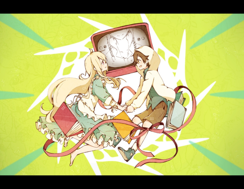 bandages, barefoot, blonde_hair, book, brown_hair, dress, dual_persona, holding_hands