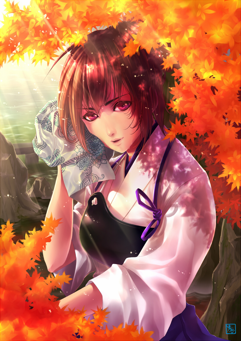 1girl, alternate_eye_color, aosuna, autumn_leaves, blush, breasts, brown_hair, handkerchief