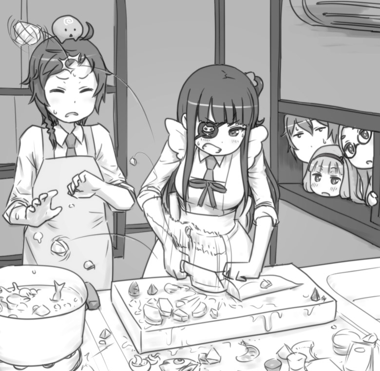 2boys, 3girls, apron, braid, clenched_teeth, cooking, cutting_board, eyepatch