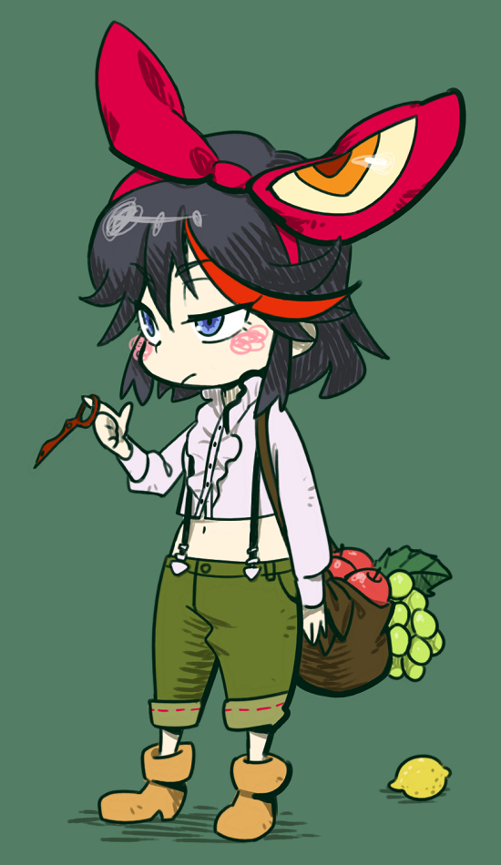 1girl, alternate_costume, apple, bag, black_hair, blue_eyes, chibi, food