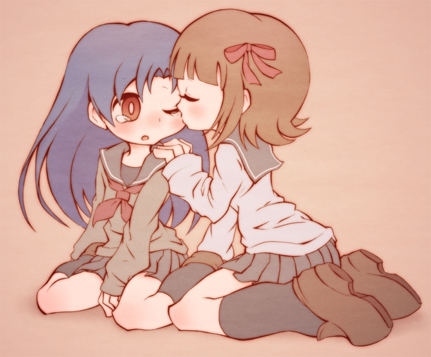2girls, amami_haruka, blue_hair, blush, brown_hair, closed_eyes, icon_(sugarless_yogurt), idolmaster