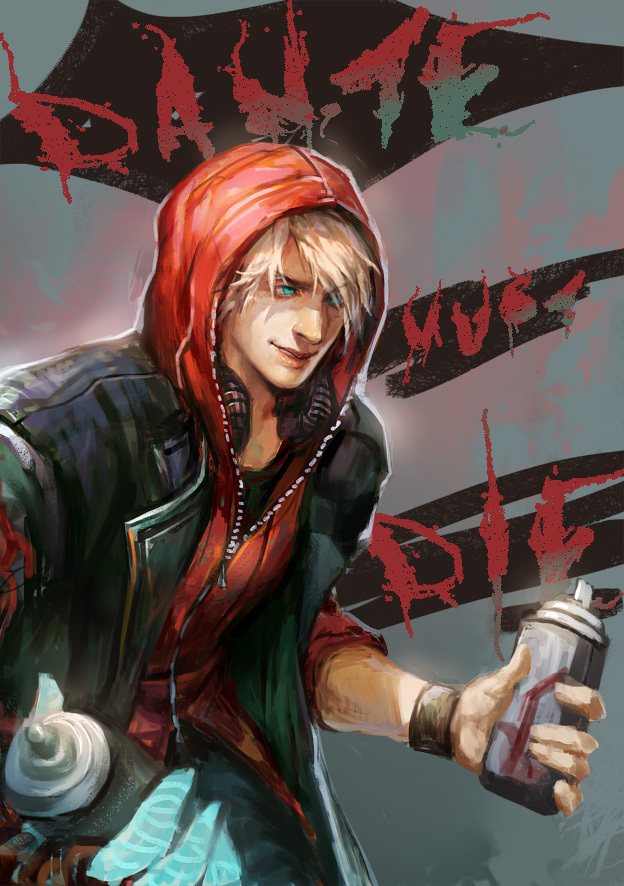 1boy, akumey, blue_eyes, devil_bringer, devil_may_cry, devil_may_cry_4, hood, hoodie, nero_(devil_may_cry), solo, spray_can, white_hair