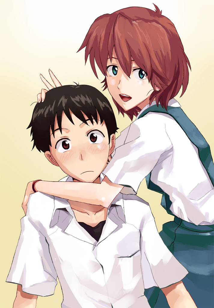 1boy, 1girl, blue_eyes, brown_hair, girlfriend_of_steel, ikari_shinji, kirishima_mana, neon_genesis_evangelion