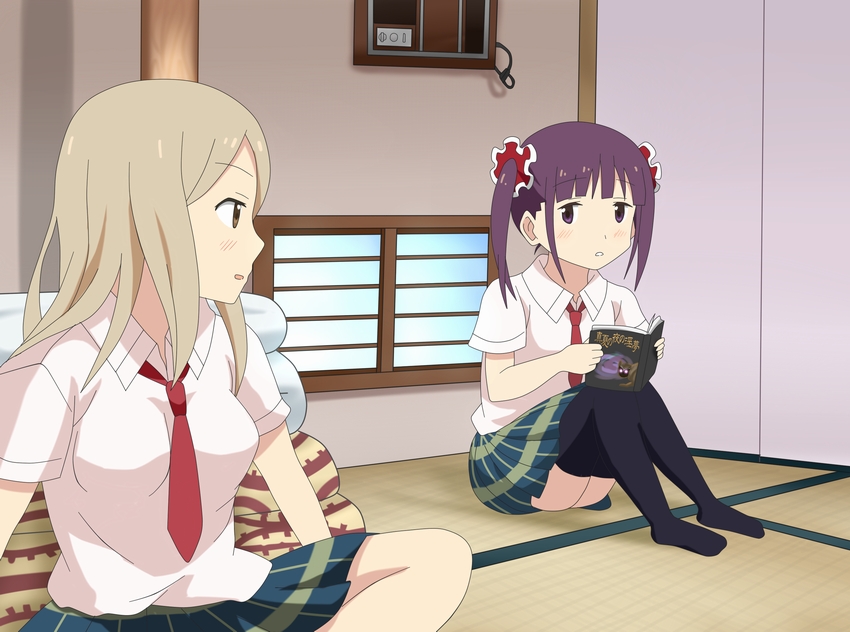 2girls, black_legwear, blonde_hair, book, breasts, brown_eyes, minami_shizuku, multiple_girls
