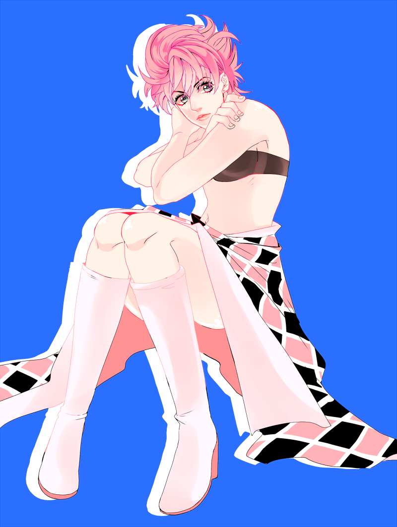 1girl, boots, green_eyes, jojo_no_kimyou_na_bouken, kyykttk, midriff, pink_hair, short_hair
