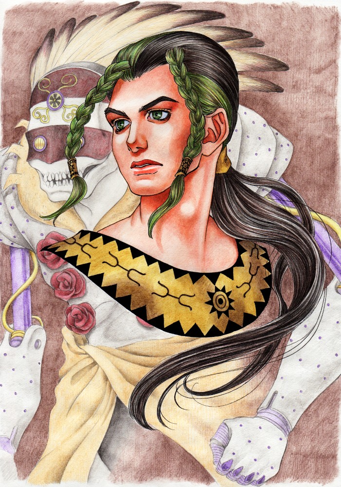 black_hair, braid, feathers, green_hair, in_a_silent_way_(stand), jojo_no_kimyou_na_bouken, masu0901, multicolored_hair
