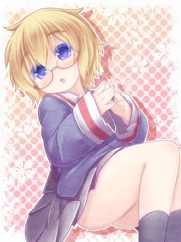 1girl, blonde_hair, blue_eyes, blush, glasses, mikakunin_de_shinkoukei, momouchi_mayura, nightmare_cat, open_mouth, school_uniform, short_hair, solo