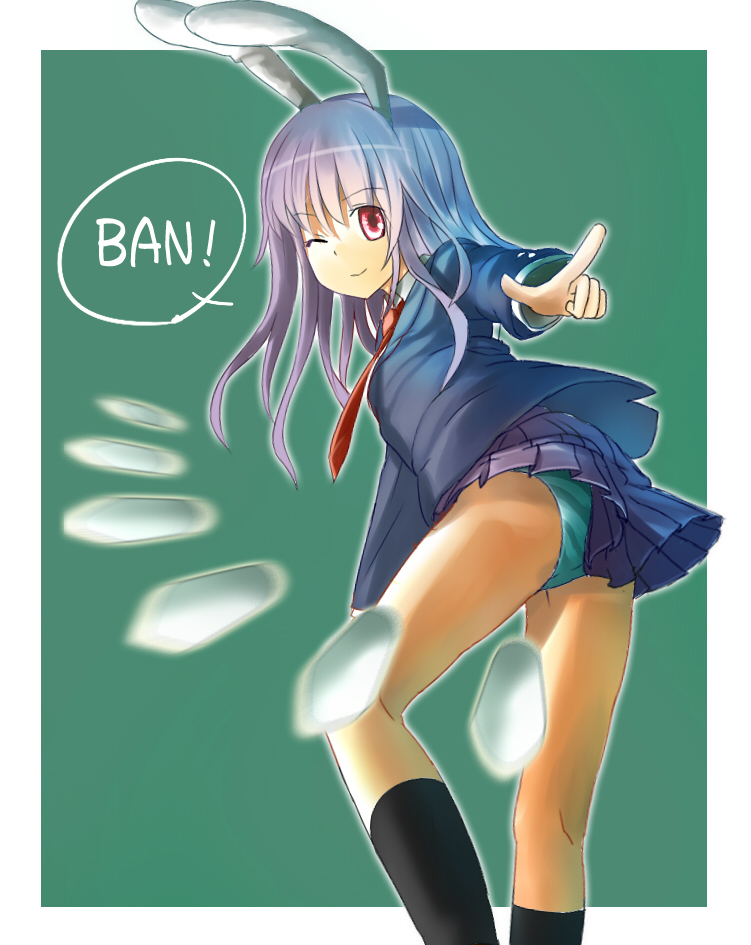 bad_id, bang, black_legwear, blazer, blue_hair, bunny_ears, danmaku, finger_gun