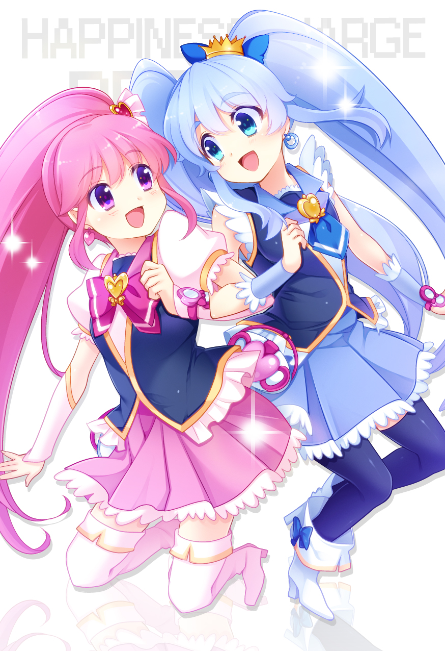 2girls, aino_megumi, blue_eyes, blue_hair, blue_legwear, blue_skirt, boots, copyright_name, cure_lovely, cure_princess, earrings, eyelashes, hair_ornament, happinesscharge_precure!, happy, heart, high_heels, highres, jewelry, long_hair, looking_at_another, magical_girl, miyamakoume, multiple_girls, open_mouth, pink_eyes, pink_hair, pink_skirt, ponytail, precure, puffy_sleeves, ribbon, shirayuki_hime, shirt, skirt, smile, thigh-highs, thigh_boots, twintails, wrist_cuffs, zettai_ryouiki
