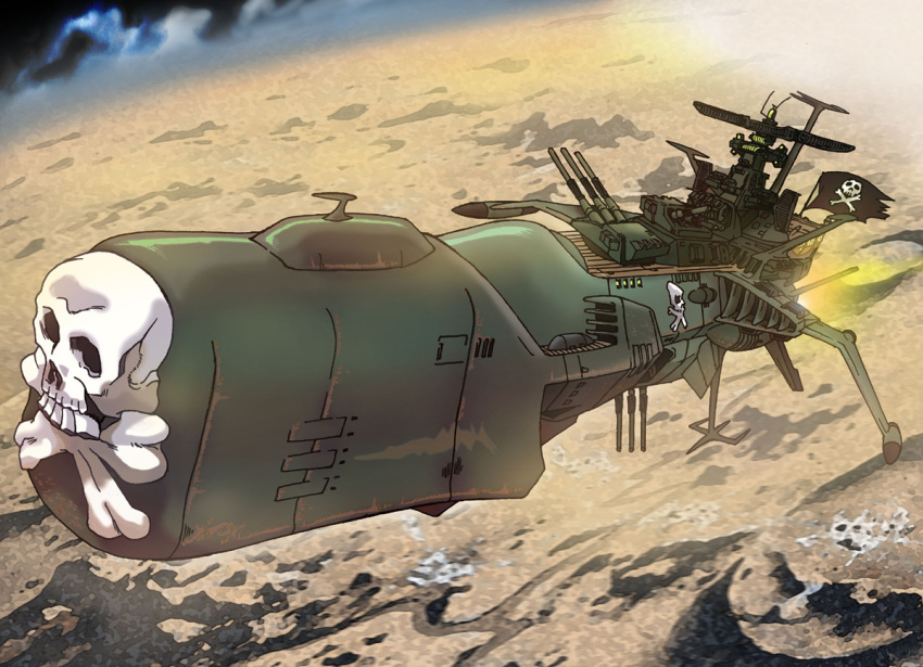 70s, 80s, arcadia, battleship, flying, harlock_saga, jolly_roger, kujira_gunsou
