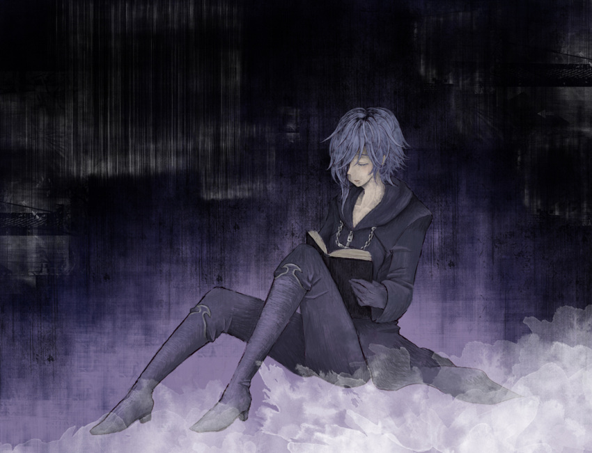 1boy, blue_hair, book, boots, cloak, closed_eyes, gloves, hair_over_one_eye