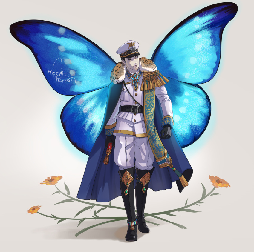 1boy, belt, black_gloves, boots, butterfly_wings, cape, fairy, gloves, hat, highres, knee_boots, military, military_uniform, nokuran, original, peaked_cap, scepter, solo, uniform, wings
