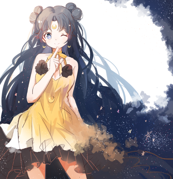 1girl, ;), bishoujo_senshi_sailor_moon, black_hair, blue_eyes, choker, crescent, dress, earrings, facial_mark, forehead_mark, hair_bun, hika_(ozeluk), index_finger_raised, jewelry, long_hair, luna_(sailor_moon), necklace, personification, ribbon_choker, smile, solo, wink, yellow_dress