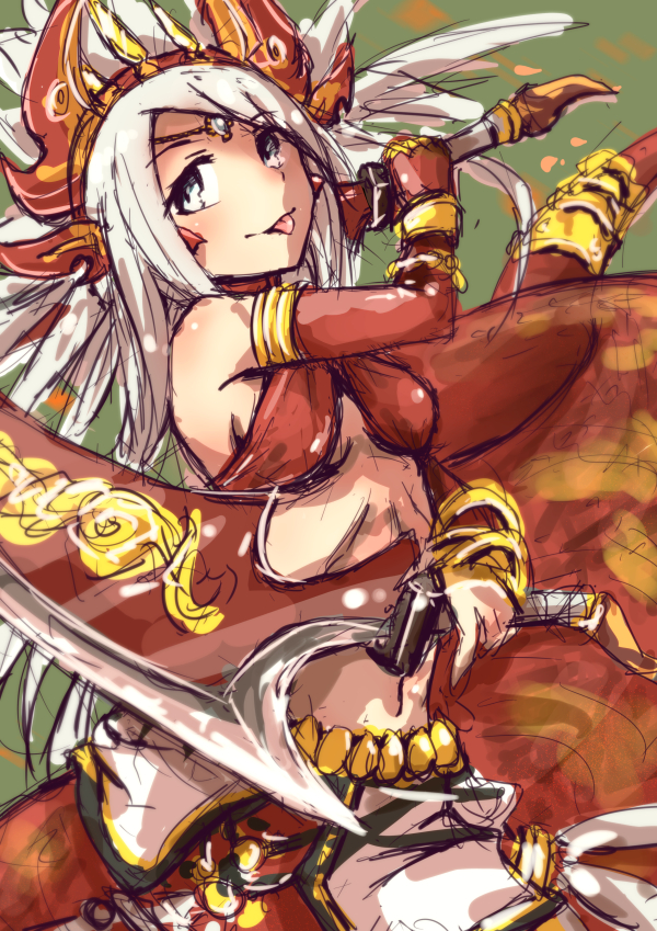 1girl, :p, blonde_hair, choker, crop_top, crown, dual_wielding, echidna_(p&amp;d)