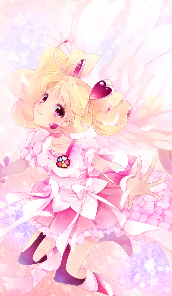 1girl, blonde_hair, boots, bow, choker, cure_angel_(fresh_precure!), cure_peach, dress, fresh_precure!, frills, hair_ornament, heart_hair_ornament, knee_boots, long_hair, magical_girl, momozono_love, pink_dress, pink_eyes, precure, purple_legwear, ribbon, skirt, smile, solo, thigh-highs, thigh_strap, twintails, uzuki_aki, wrist_cuffs