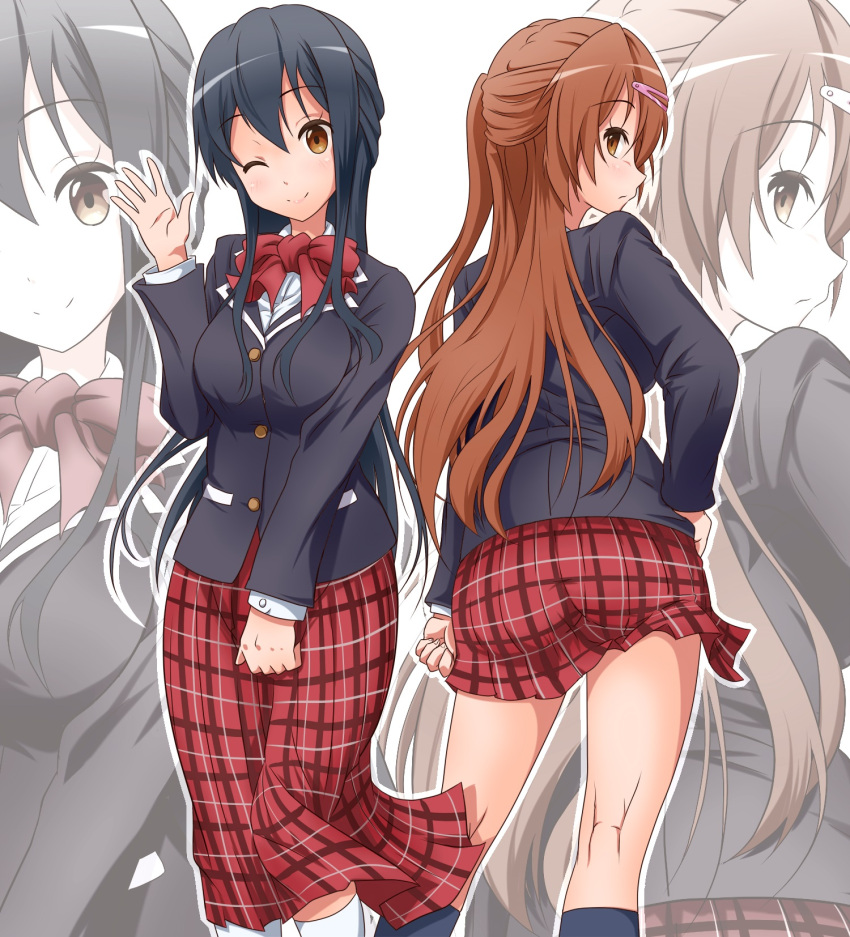 2girls, alternate_hair_color, asm_(iambros), black_hair, brown_eyes, brown_hair, chuunibyou_demo_koi_ga_shitai!, dual_persona