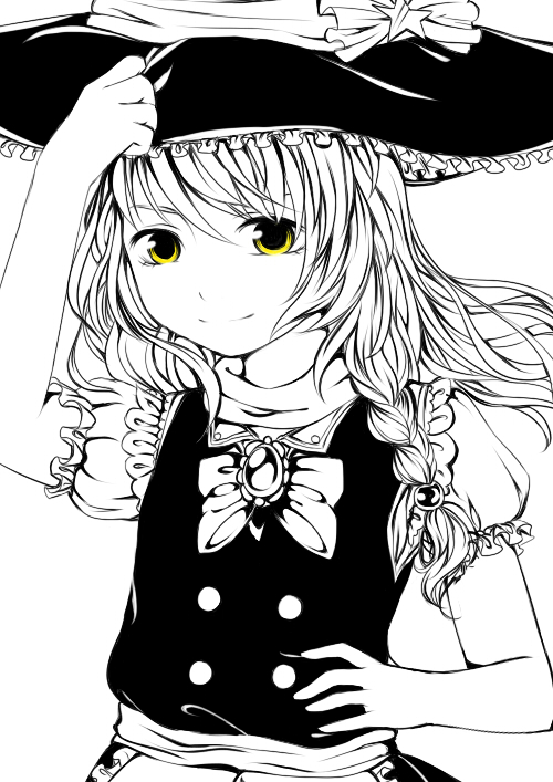 1girl, apron, bow, braid, brooch, bust, greyscale, hand_on_hat