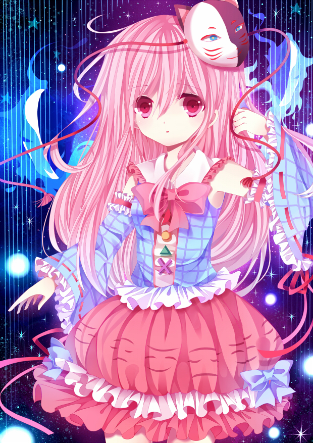 1girl, :o, adapted_costume, armpits, blue_background, bow, detached_sleeves, fox_mask