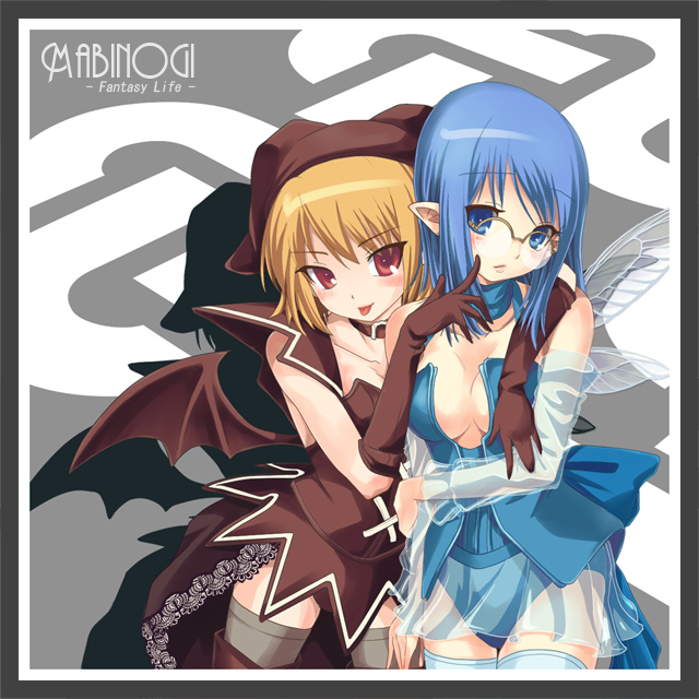 2girls, :p, bat_wings, blonde_hair, blue_eyes, blue_hair, blush, boots