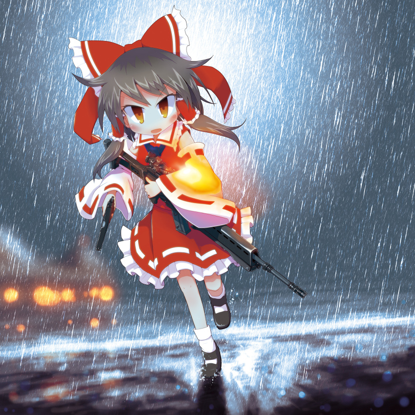 1girl, battlefield_(series), battlefield_4, black_hair, detached_sleeves, epiphone_(flet06), g36, gun, hair_ornament, hair_ribbon, hakurei_reimu, handgun, highres, m1911, machine_gun, meu_tactical, mg36, parody, rain, red_eyes, ribbon, rifle, running, solo, textless, touhou, weapon