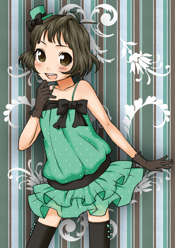 akizuki_ryou, antenna_hair, bare_shoulders, blush, bow, brown_eyes, brown_hair, crossdressing, crossdressinging, gloves, hanatsuka, hat, idolmaster, idolmaster_dearly_stars, male, mini_top_hat, open_mouth, polka_dot, short_hair, small_hat, smile, solo, takase_(t_k_s), thighhighs, top_hat, trap