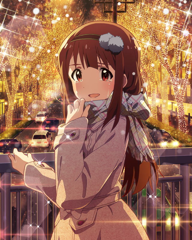 1girl, :d, blush, brown_eyes, brown_hair, character_name, christmas, christmas_lights