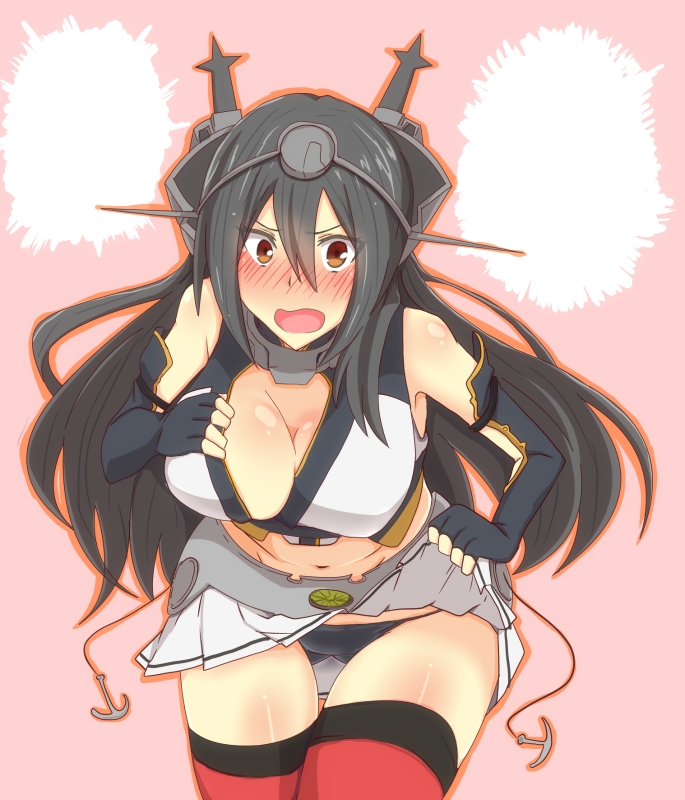 1girl, bent_over, black_hair, blush, breasts, brown_eyes, fingerless_gloves, gloves