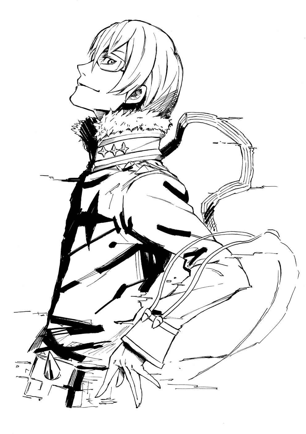 1boy, 244_(bo-z), glasses, highres, inumuta_houka, kill_la_kill, lineart, monochrome