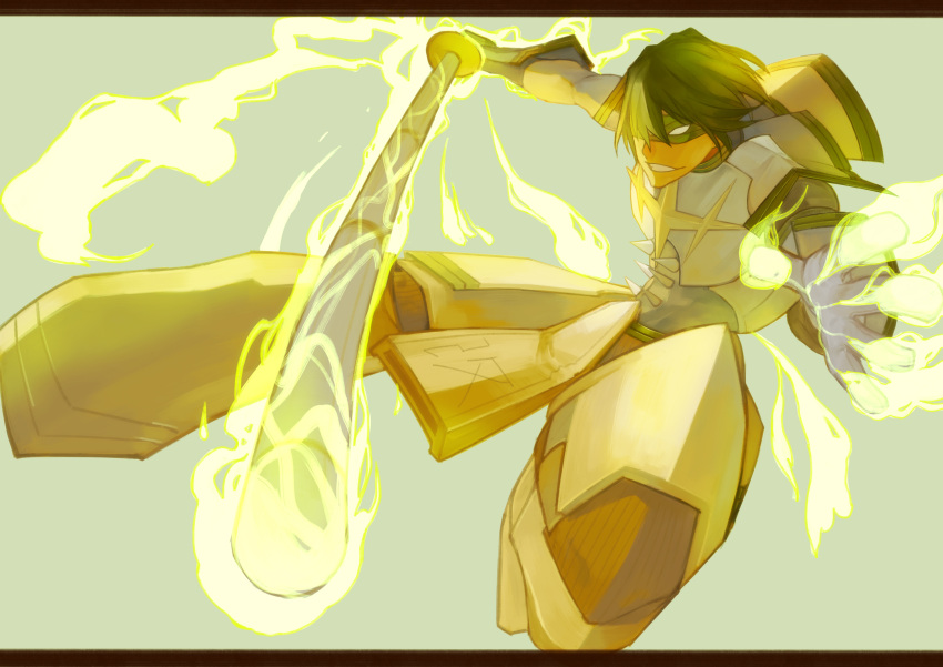 1boy, absurdres, armor, blade_regalia, green_hair, grin, highres, kill_la_kill