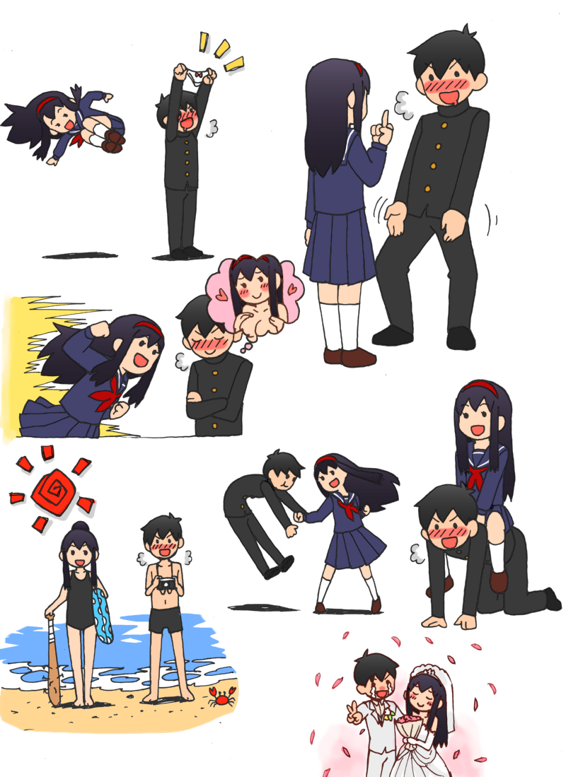 1boy, 1girl, all_fours, beach, black_hair, blush, bouquet, camera
