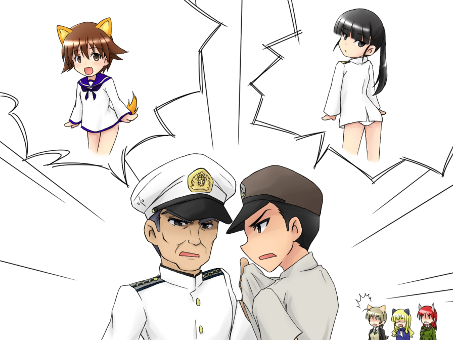2boys, 5girls, ahoge, animal_ears, black_hair, blonde_hair, braid, brown_hair, cat_ears, dog_ears, dog_tail, grey_hair, hair_ribbon, hat, hijikata_keisuke, isosceles_triangle_(xyzxyzxyz), lynette_bishop, military, military_uniform, minna-dietlinde_wilcke, miyafuji_yoshika, multiple_boys, multiple_girls, no_eyepatch, open_mouth, panties, perrine_h_clostermann, ponytail, redhead, ribbon, sakamoto_mio, strike_witches, sugita_junzaburou, tail, underwear, uniform