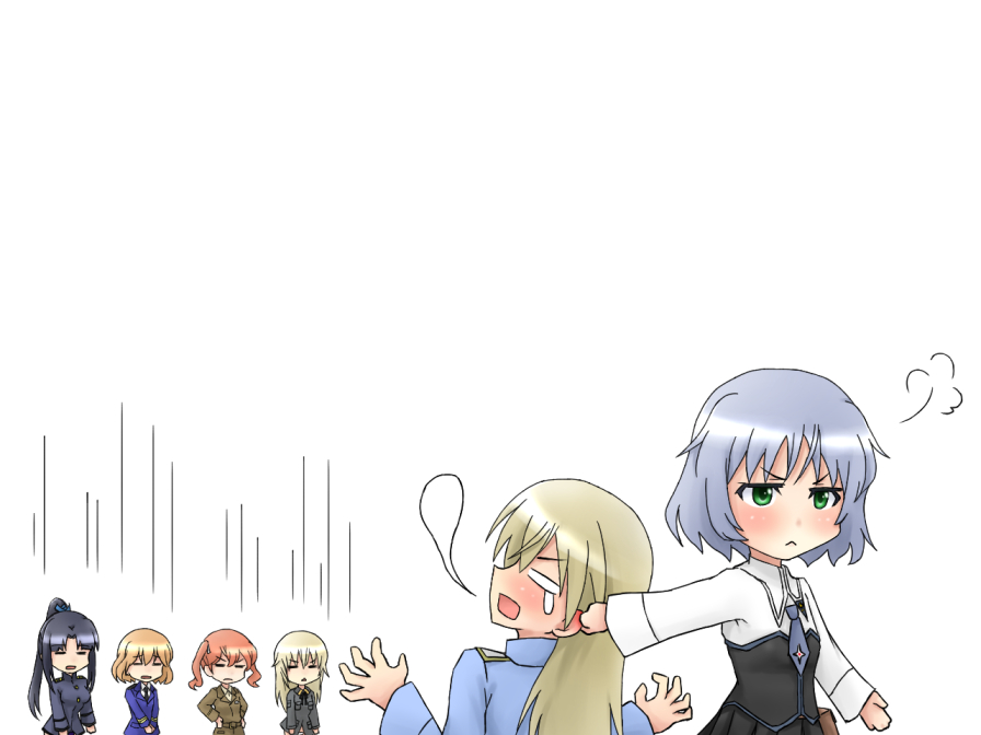 6+girls, :<, amelie_planchard, angry, black_hair, blonde_hair, brown_hair, closed_eyes