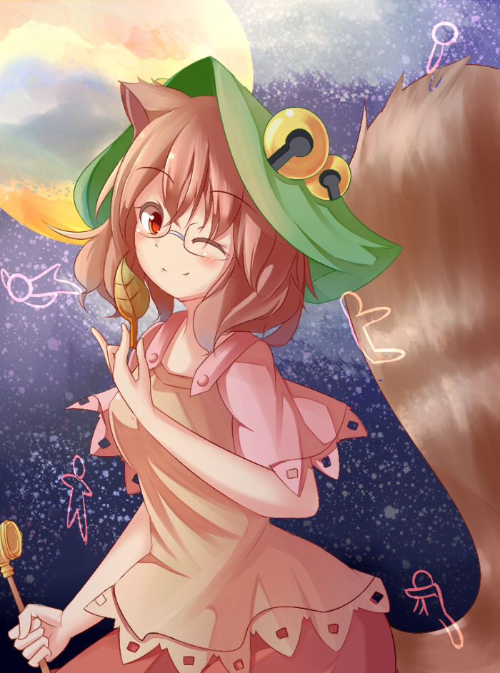 1girl, animal_ears, brown_hair, front_mae, futatsuiwa_mamizou, glasses, hair_ornament, hat