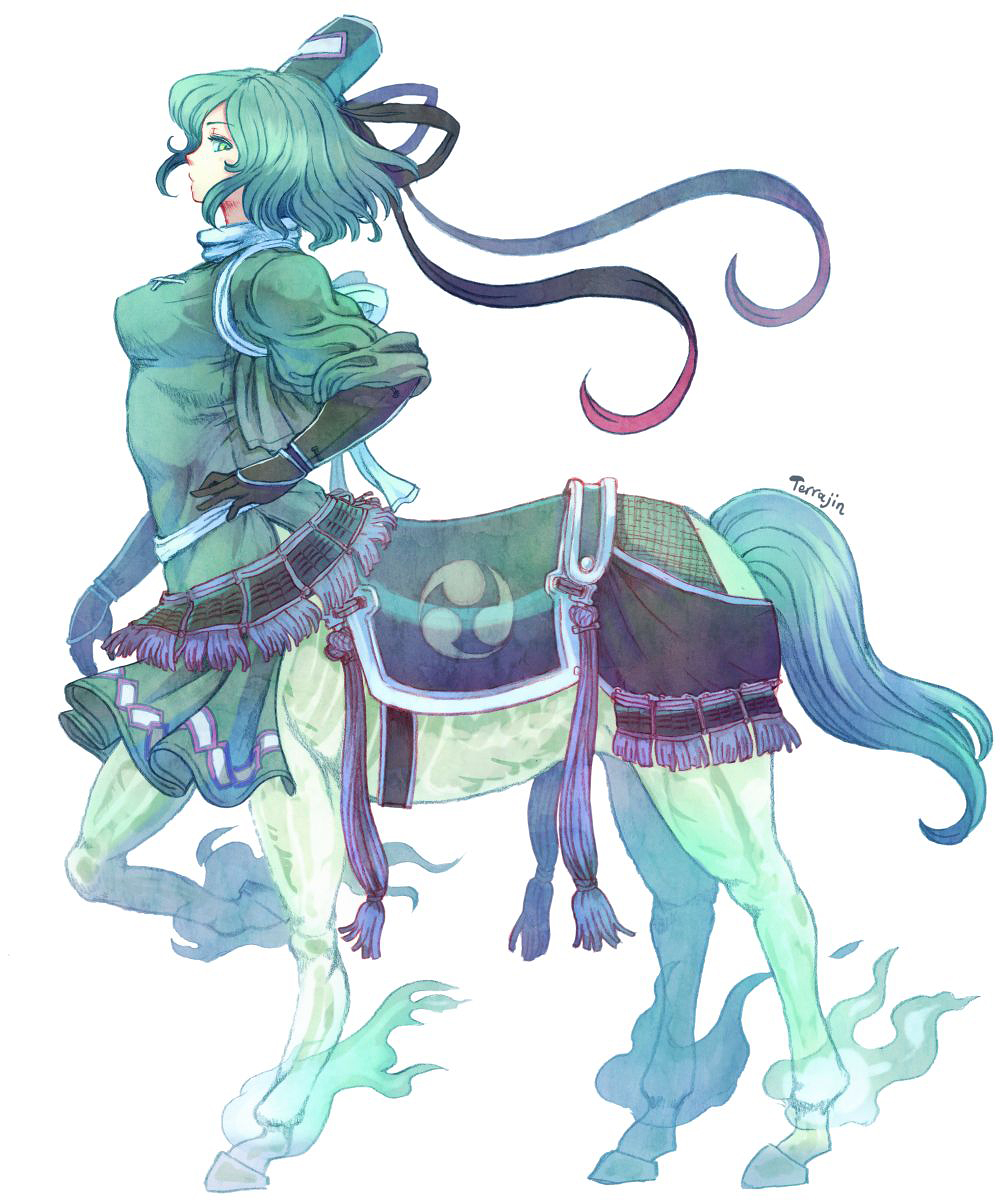 1girl, centaur, colored_pencil_(medium), gloves, green_eyes, green_hair, hat, highres, looking_at_viewer, short_hair, simple_background, soga_no_tojiko, solo, tate_eboshi, terajin, touhou, traditional_media, white_background