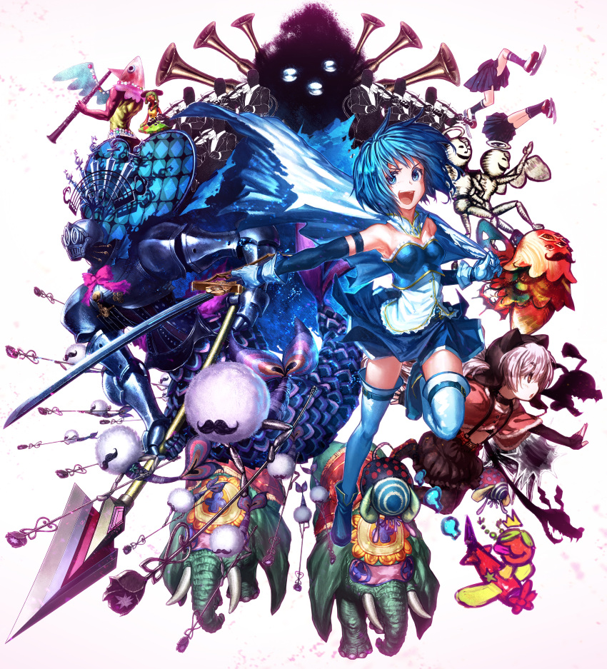 2girls, absurdres, adelbert_(madoka_magica), anja_(madoka_magica), anthony_(madoka_magica), armband, armor, bare_shoulders