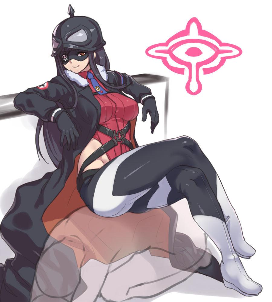 1girl, black_gloves, black_hair, breasts, crossed_legs, eyepatch, fur_trim, gloves