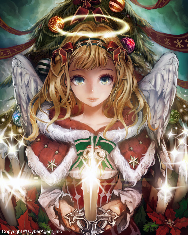 1girl, angel, angel_wings, blonde_hair, blue_eyes, candle, capelet, christmas, christmas_tree, copyright_request, eyelashes, feathered_wings, hairband, halo, horim, lips, long_hair, looking_at_viewer, solo, wings