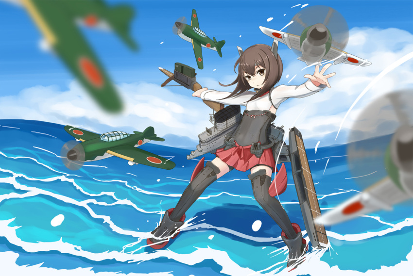 1girl, airplane, armor, bike_shorts, blush, boots, bow_(weapon), brown_eyes