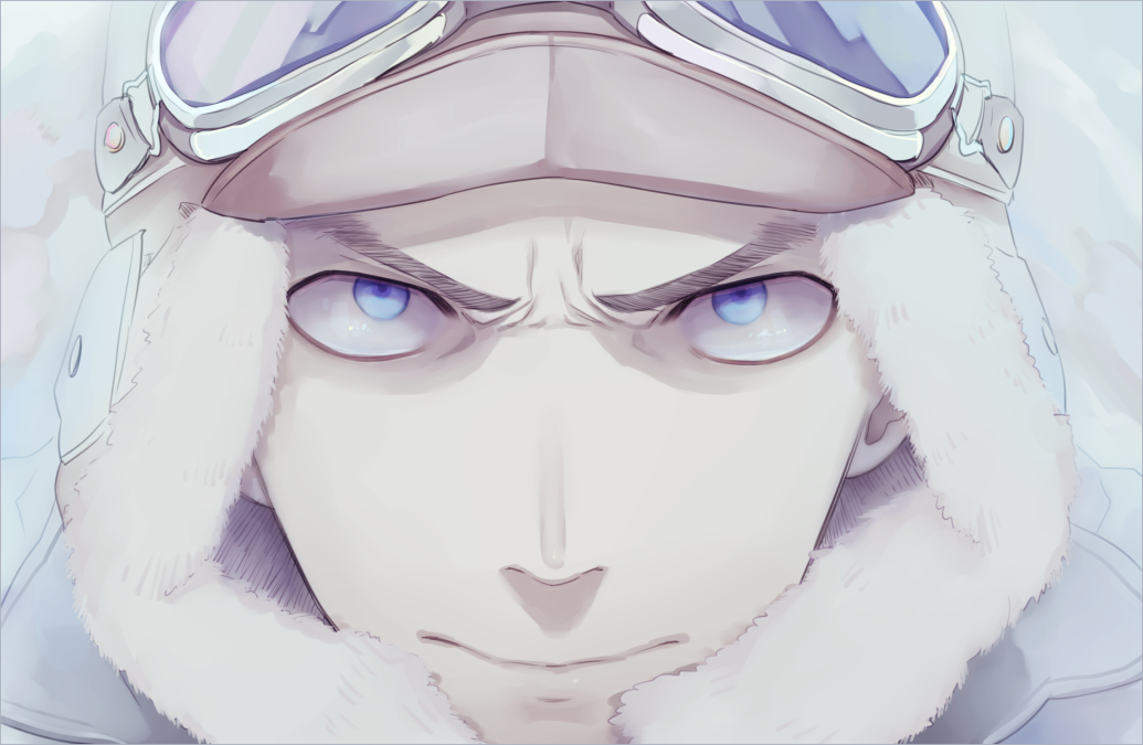 1boy, blue_eyes, eien_no_zero, goggles, goggles_on_hat, hat, male, miyabe_kyuuzou, pilot, too_mizuguchi