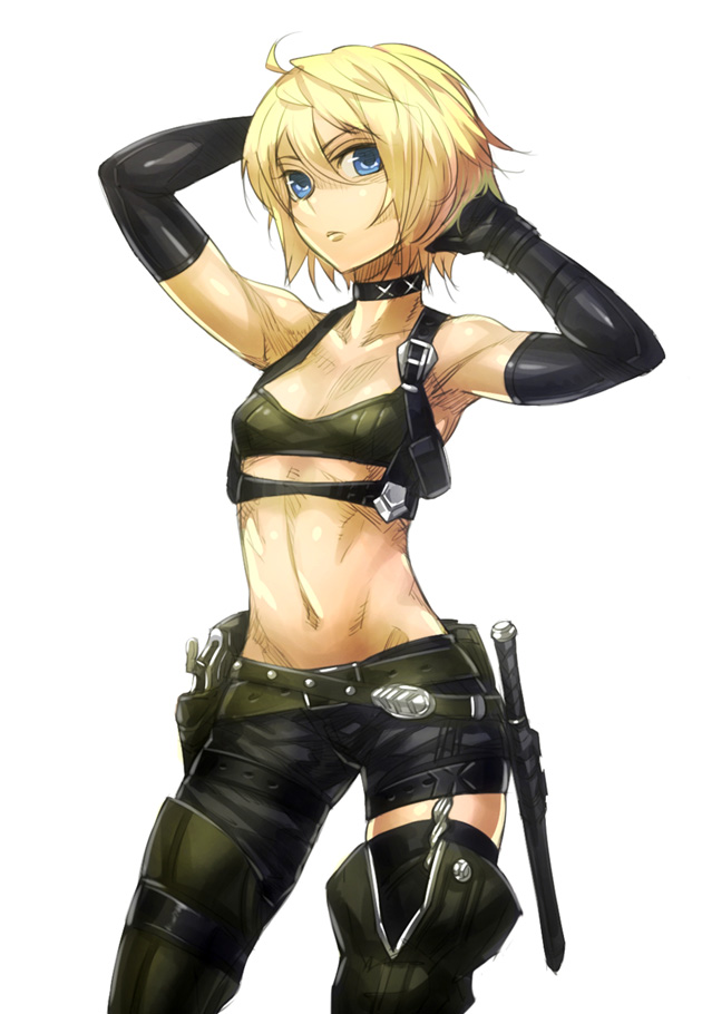 1girl, ahoge, armpits, arms_behind_head, asymmetrical_clothes, bare_shoulders, blonde_hair, blue_eyes