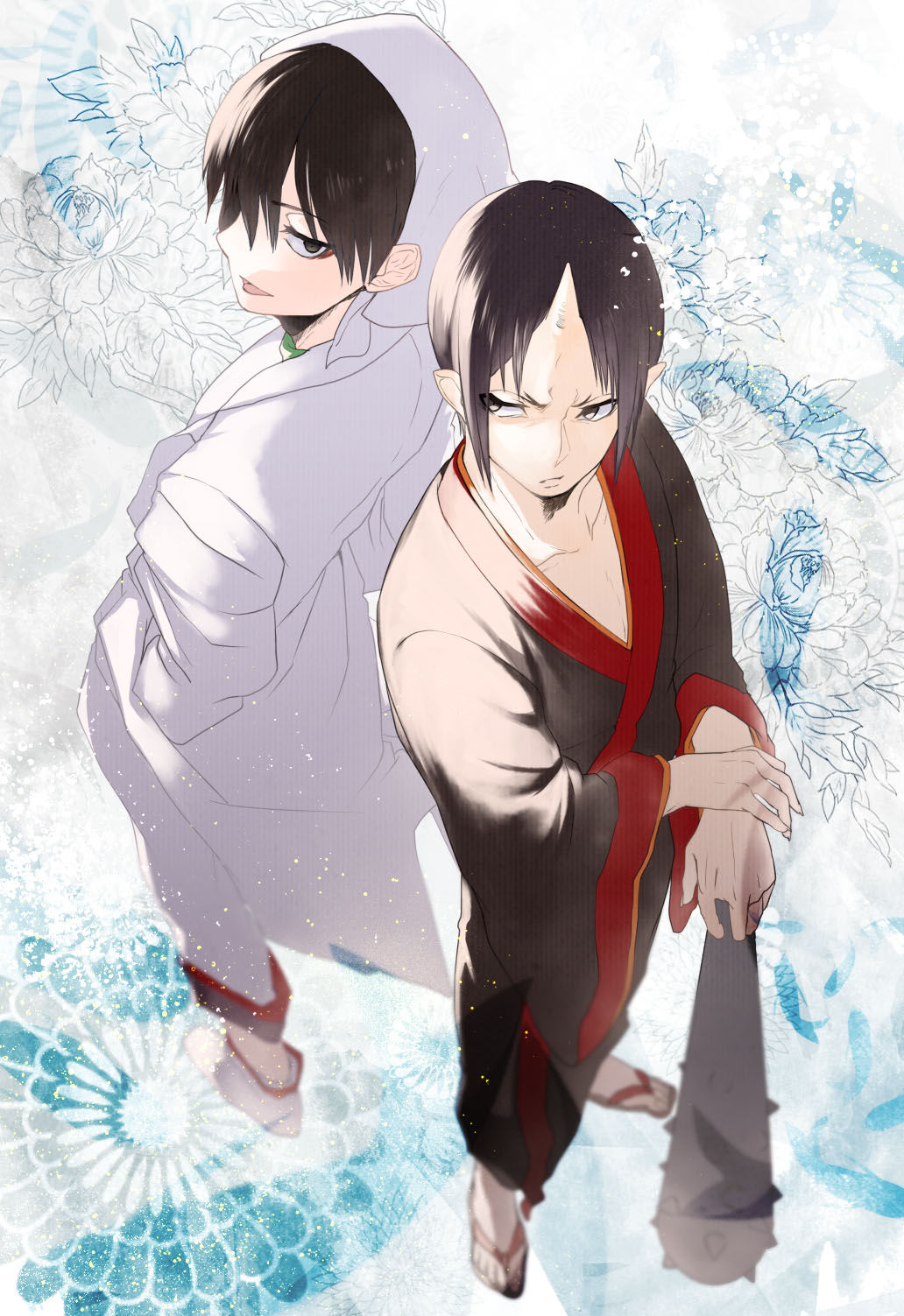 2boys, back-to-back, benibeni, black_eyes, black_hair, club, eyeshadow, fingernails