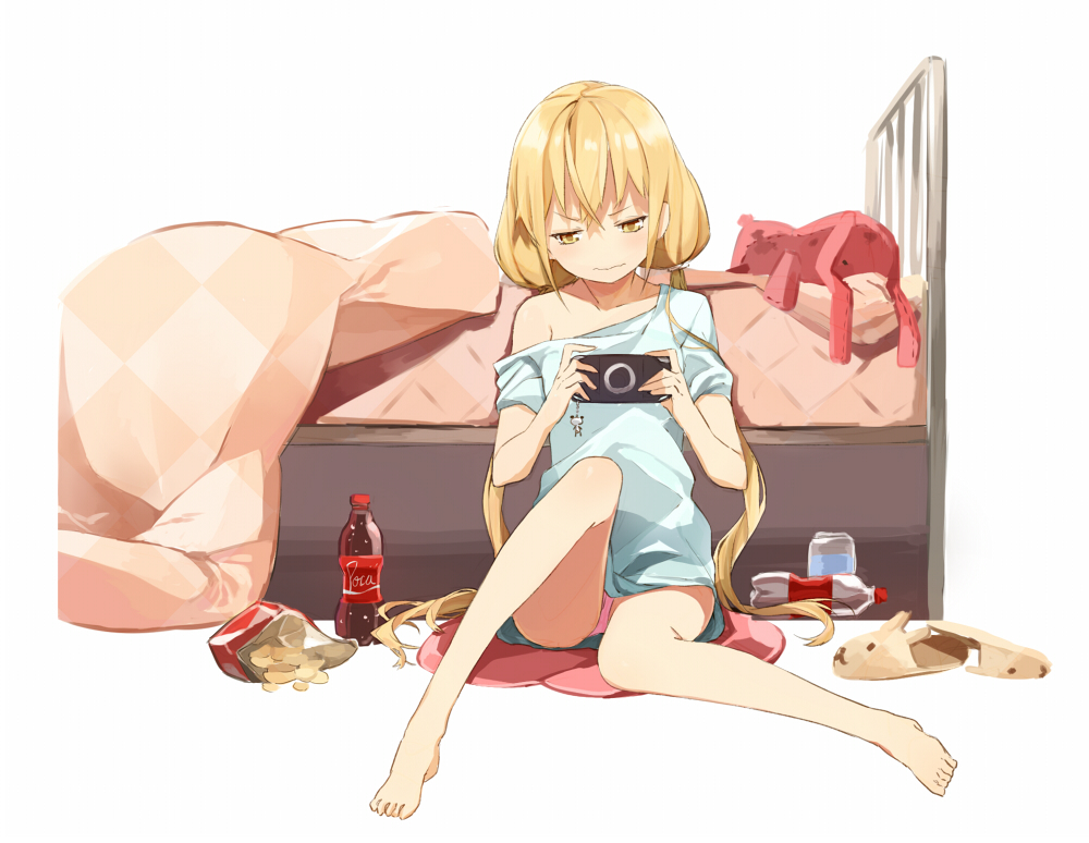1girl, animal_slippers, bare_legs, barefoot, blonde_hair, bottomless, brown_eyes, bunny_slippers