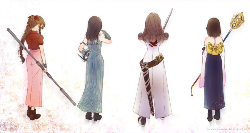 4girls, aerith_gainsborough, beatrix, belt, black_hair, braid, brown_hair, cocura