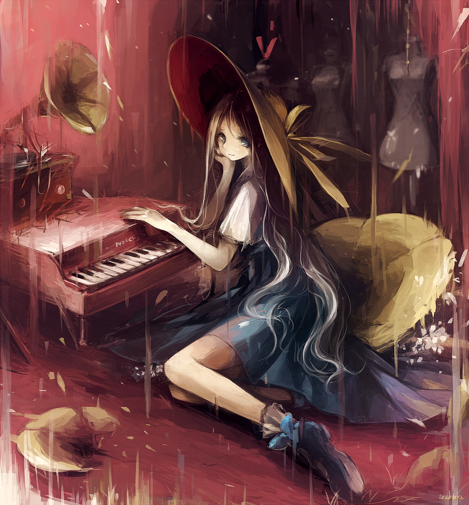 1girl, asahiro_(algl), blue_eyes, dress, dress_form, hand_on_own_cheek, hat, hat_ribbon
